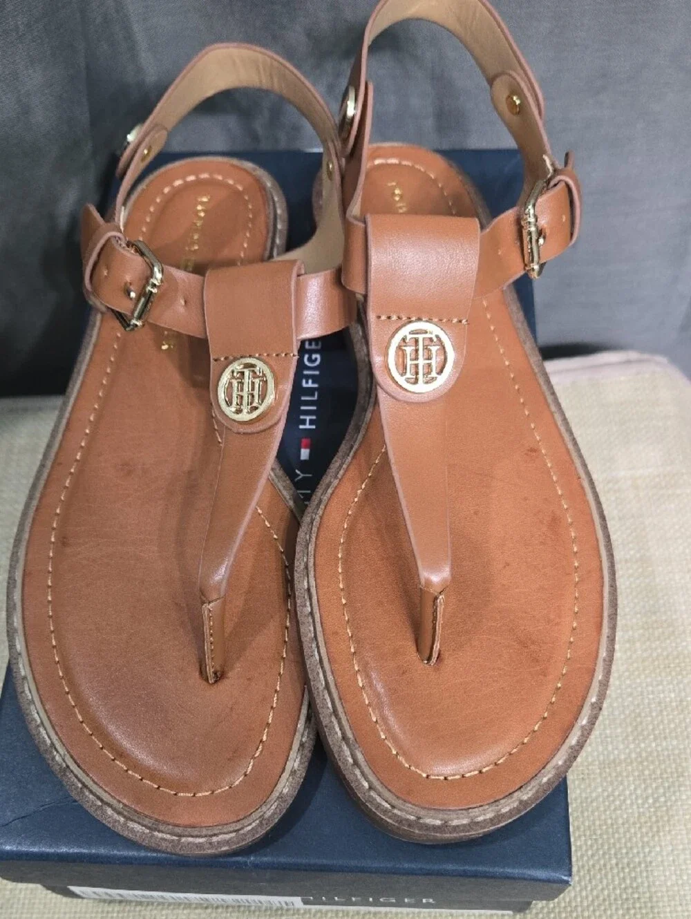 Tommy Hilfiger Cognac Brown Leather T-Strap Sandals with Gold Logo